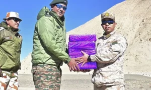 Exchange of sweets along the Indian Chinese border on Deepawali day